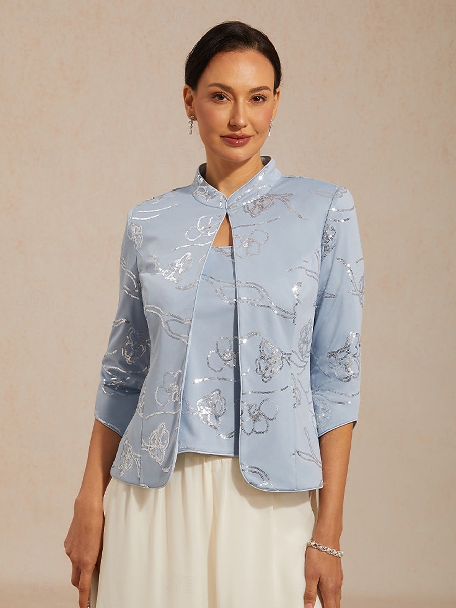 Dam Jakke Dressiga toppar Tvillingset Paljetter Blommig Elegant 3/4 ärm Kraghalsband Vanliga toppar Festkvällskläder Högtidskläder Cocktailklädsel Dammig blå Sommar Vår Höst 2026 - $121.99 –P2