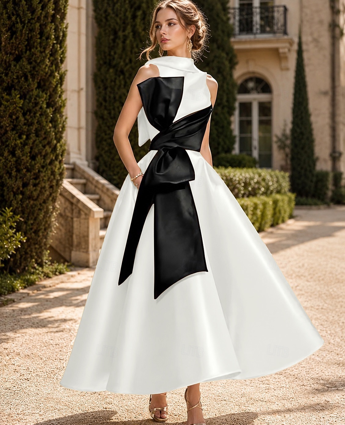 Linha A Longuette Vestidos de cocktail Vestidos de festa Elegante Sedoso Sem Manga Gola Redonda Casamento Formal Bolsos Cetim com Laço(s) Miçangas de 2026 por $149.99 –P16