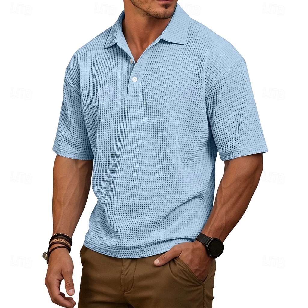 Homens Camisas Polo Waffle Textura Casual Rua Lapela Manga Curta Básico Moderno Tecido Leve Botões Verão Primavera Ajuste Largo Azul Preto Branco Verde Claro Vinho Azul Marinha Camisas Polo Waffle de 2026 por $21.99 –P6
