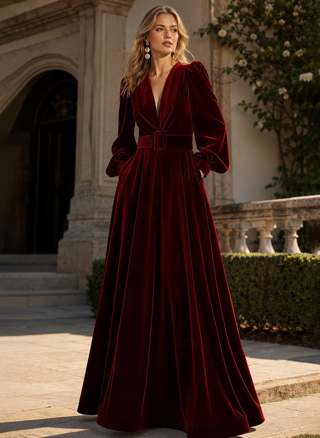 Abito da sera A-Line rosso nero blu in velluto elegante formale per matrimonio autunnale lungo fino al pavimento con maniche lunghe scollo a V tasca con spacco tasca del 2026 a $195.99 –P1