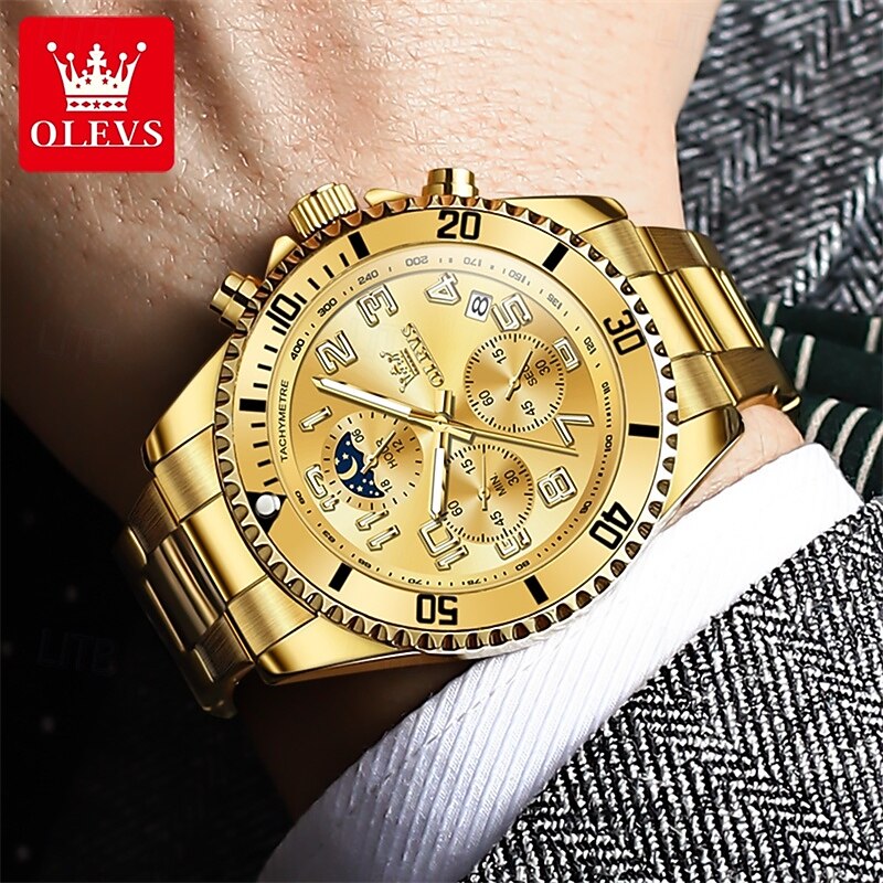 OLEVS Men's Chronograph Watch Luxury Green Face Two Tone Stainless Steel Moon Phase Waterproof Luminous Analog Quartz Wrist Watch for Men Big Face Fashion Sport Business Watch Gifts for Him 2026 - $39.99 –P21