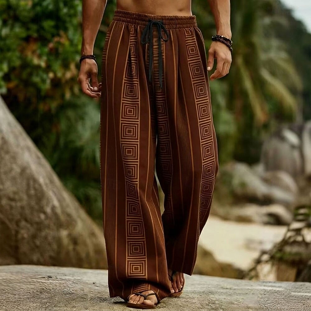 Men's Geometric Striped Bohemian Trousers Pants Trousers Baggy Pants Mid Waist Ethnic Outdoor Vacation Dailywear Drawstring Elastic Waist Wide Leg Summer Spring 3D Print Blue White Brown 2026 - $27.99 –P4