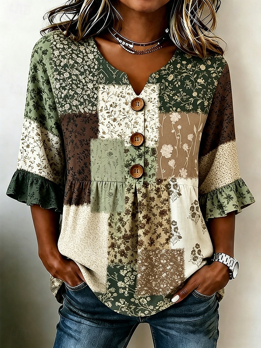 Mujer Camisa Retazos Botones Estampado Floral Graphic Bloque de color Vintage Elegante Media Manga Escote en Pico Tops regulares Casual Diario Festivos Azul Piscina Rosa Marrón Verde Trébol Verano 2026 - $34.99 –P4