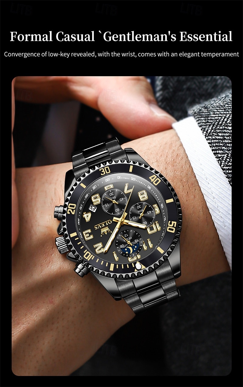 OLEVS Men's Chronograph Watch Luxury Green Face Two Tone Stainless Steel Moon Phase Waterproof Luminous Analog Quartz Wrist Watch for Men Big Face Fashion Sport Business Watch Gifts for Him 2026 - $39.99 –P20