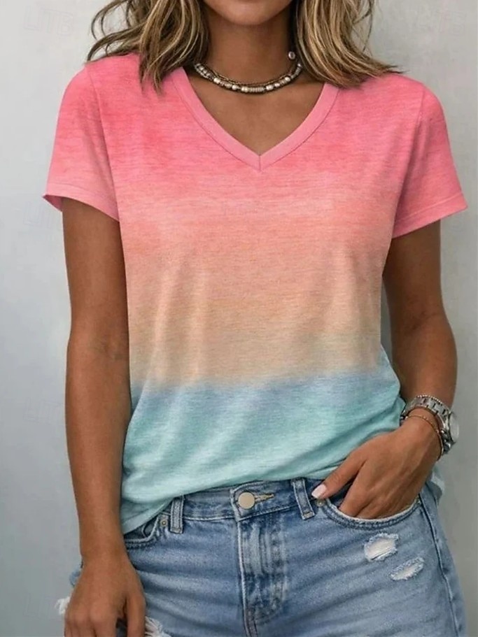Mujer Camiseta Estampado Ombre Geométrico Degradado Elegante Clásico Casual Manga Corta Escote en Pico Tops regulares Casual Diario Azul Piscina Rosa Naranja Rosa Brillante Verano Primavera 2026 - $8.49 –P3