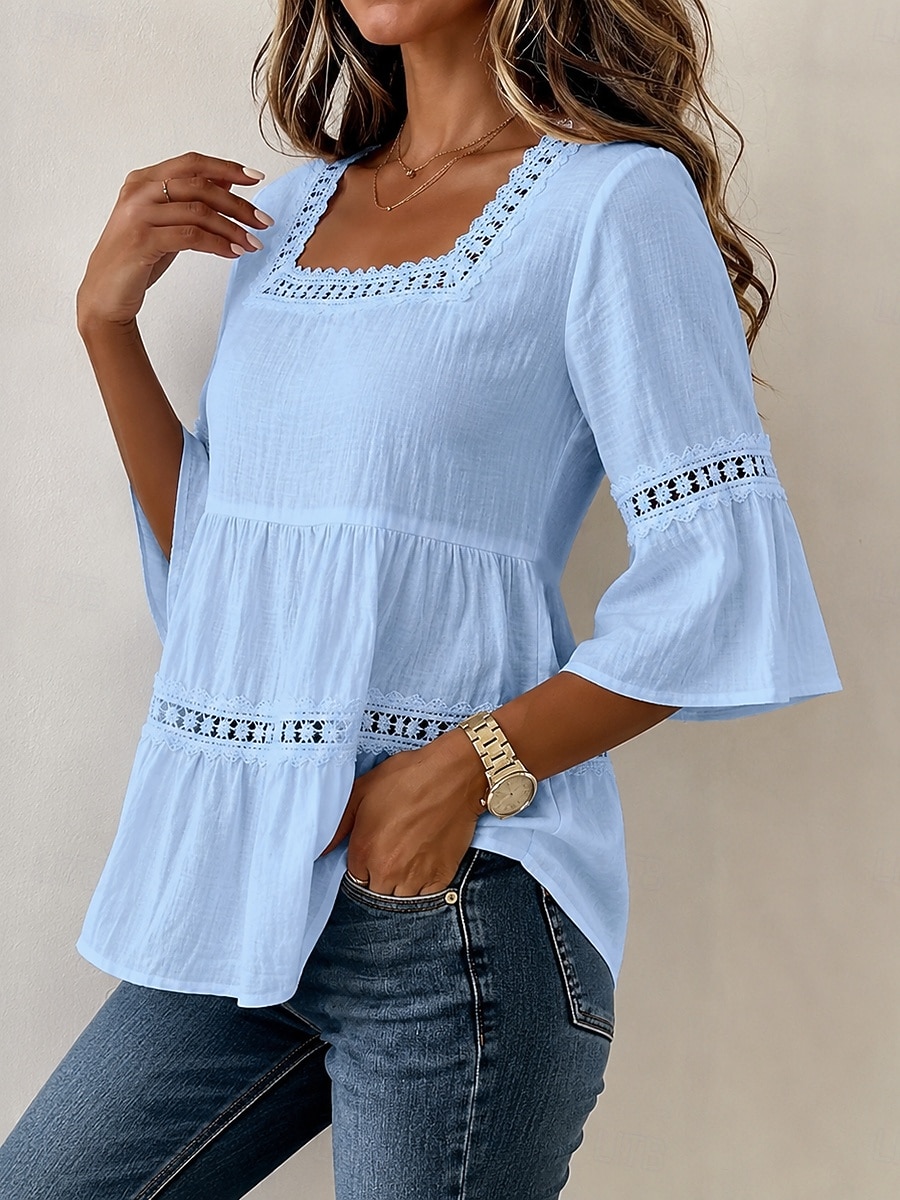 Haut classique en coton et lin pour femme, élégant, à empiècements de dentelle et volants superposés, manches 3/4, col carré, coupe droite, idéal pour un look décontracté au quotidien. Disponible en de 2026 ? $13.99 –P8