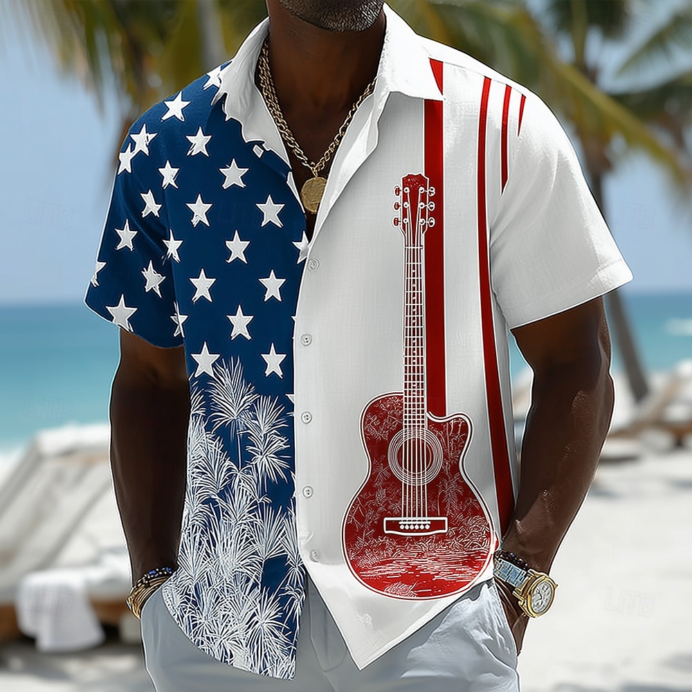 Hombre 4 de julio, 250 aniversario de Estados Unidos Guitarra Bandera estadounidense Camisa Camisa de verano Camisas tropicales Manga Corta Patriótico Vacaciones Festivos Verano Primavera Cuello 2026 - $25.99 –P3