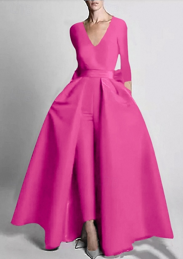 Dos Piezas Mono Hasta el Suelo Desmontable Vestidos de noche Elegante Manga Larga Escote en Pico Boda Invitado a la boda Bolsillo Tejido elástico con Mariposa 2026 - $160.99 –P8