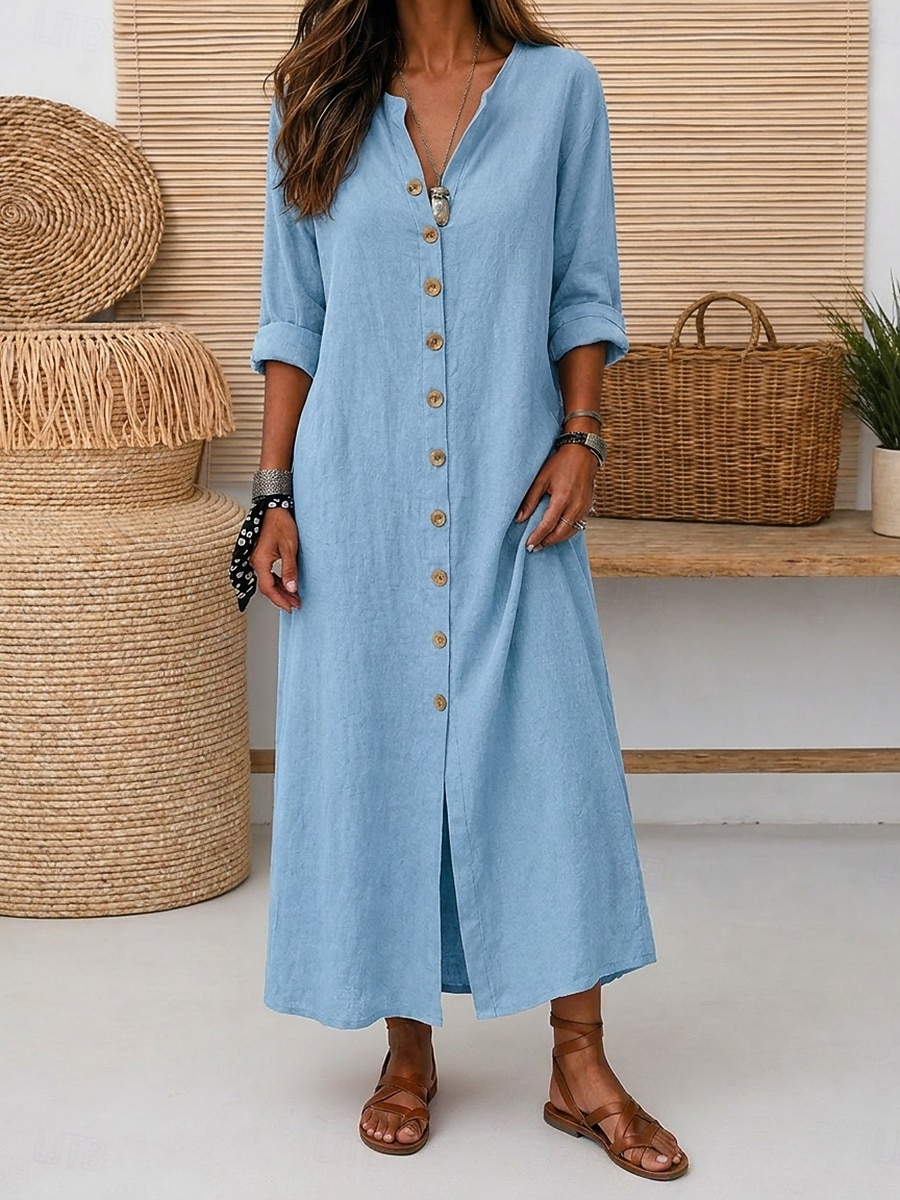Dames Maxi-jurk Linnen jurken Vintage Dagelijks Ruim Passend Heldere kleur Lange mouw V-hals Rood Zomer 2026 - $15.99 –P12