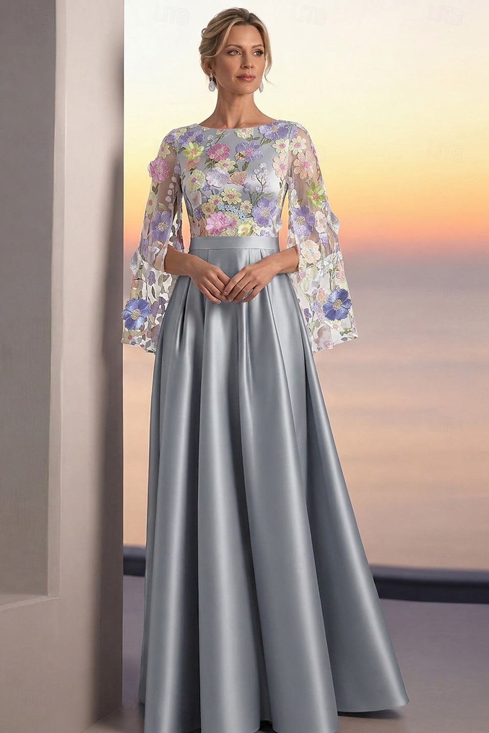 A-Linie Bodenlang Perlenbestickt Abendkleid Kleid der Brautmutter Abendkleid Ballkleid Festliche Kleidung Elegant Farbblock Langarm Rundhalsausschnitt Hochzeit Formell Tasche Satin Spitze Tiefer 2026 - $171.99 –P1