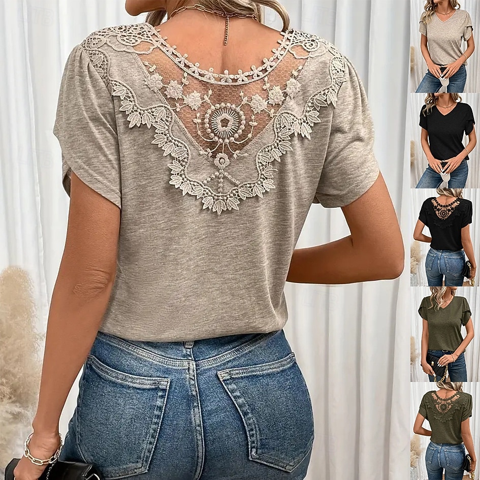 Dames T-shirt Kant Effen Kleur Vintage Stijlvol Basic Korte mouw V-hals Normale tops Casual Dagelijks Zwart Groen Beige Zomer Lente 2026 - $24.99 –P7