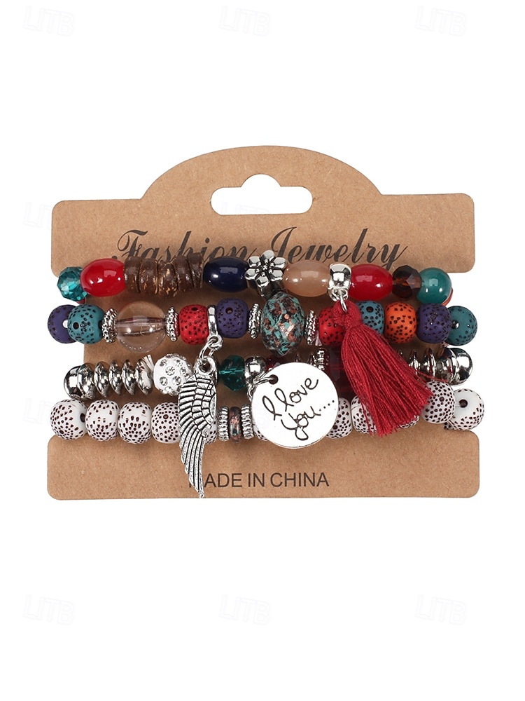 Mehrlagiges Perlenarmband-Set im Boho-Stil für Damen – farbenfrohe Armbänder mit Quaste und Flügelanhänger für Freizeit und Strand. 2026 - $9.99 –P6