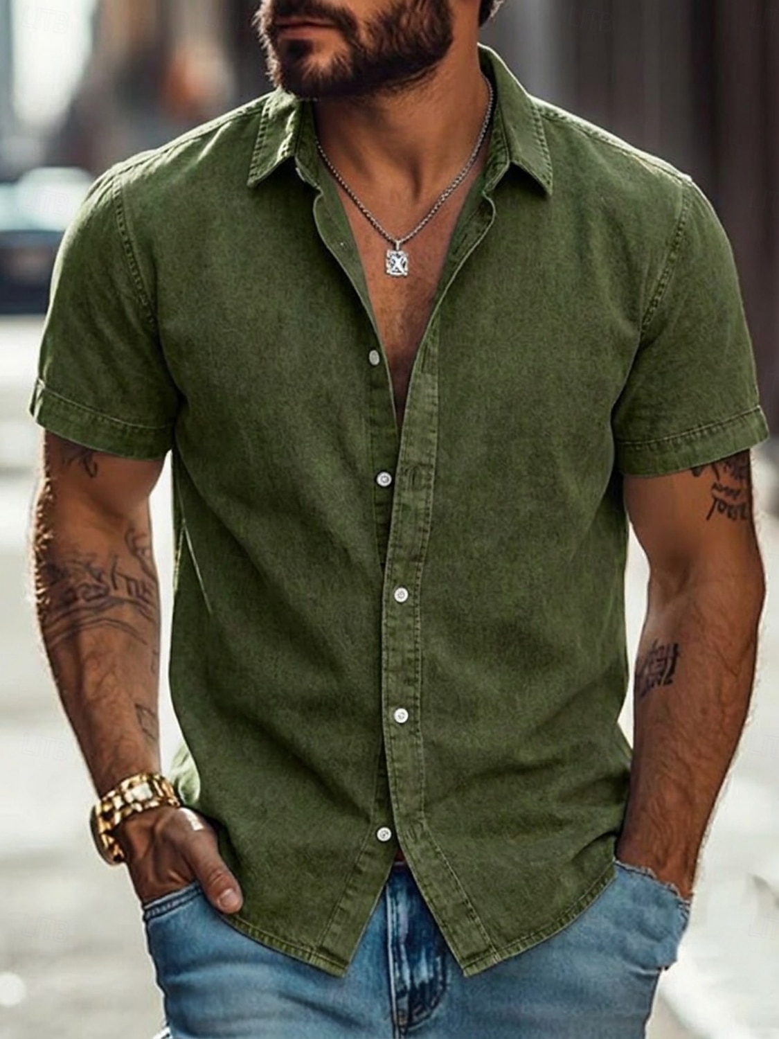 Men Shirt Casual Shirt Button Up Shirt 100% Cotton Acid Wash Shirt Acid Wash Shirt Blue Black Pink Navy Blue Purple Short Sleeve Plain Shirt Collar Casual Daily Clothing Apparel Elegant Fashion Casual 2026 - $31.99 –P11