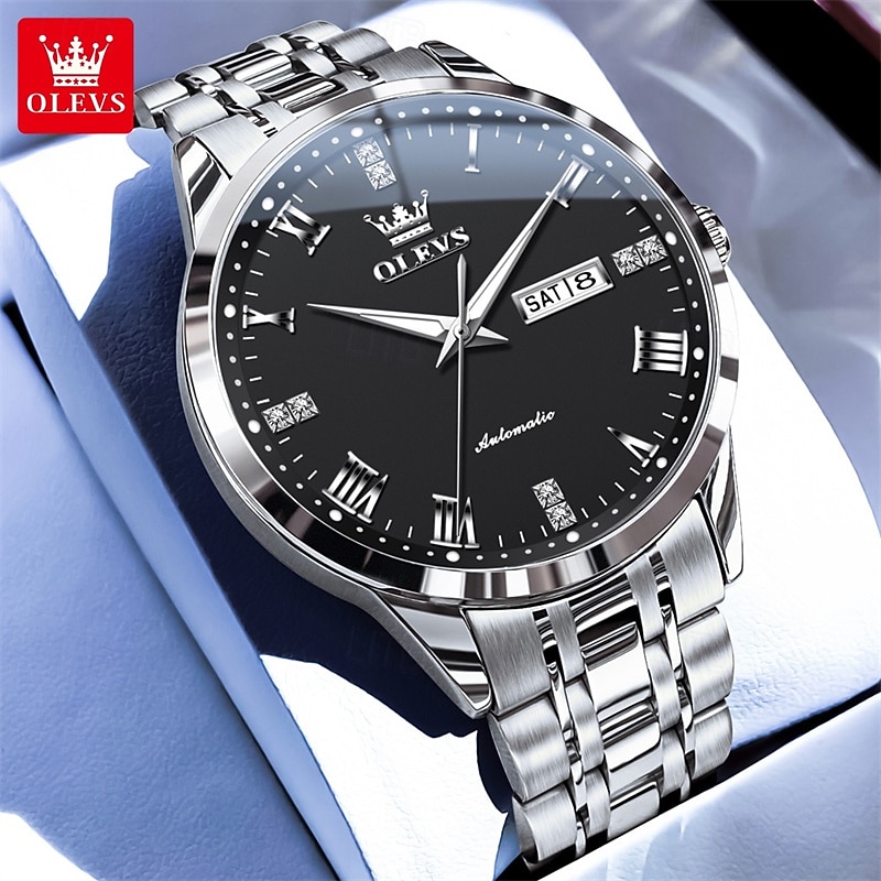 OLEVS Men's Automatic Mechanical Watch, Luxury Stainless Steel Business Dress Watch for Men, Self Winding Wristwatch with Day Date, Waterproof Luminous Diamond Roman Numerals Black Dial Gift Box 2026 - $81.99 –P13