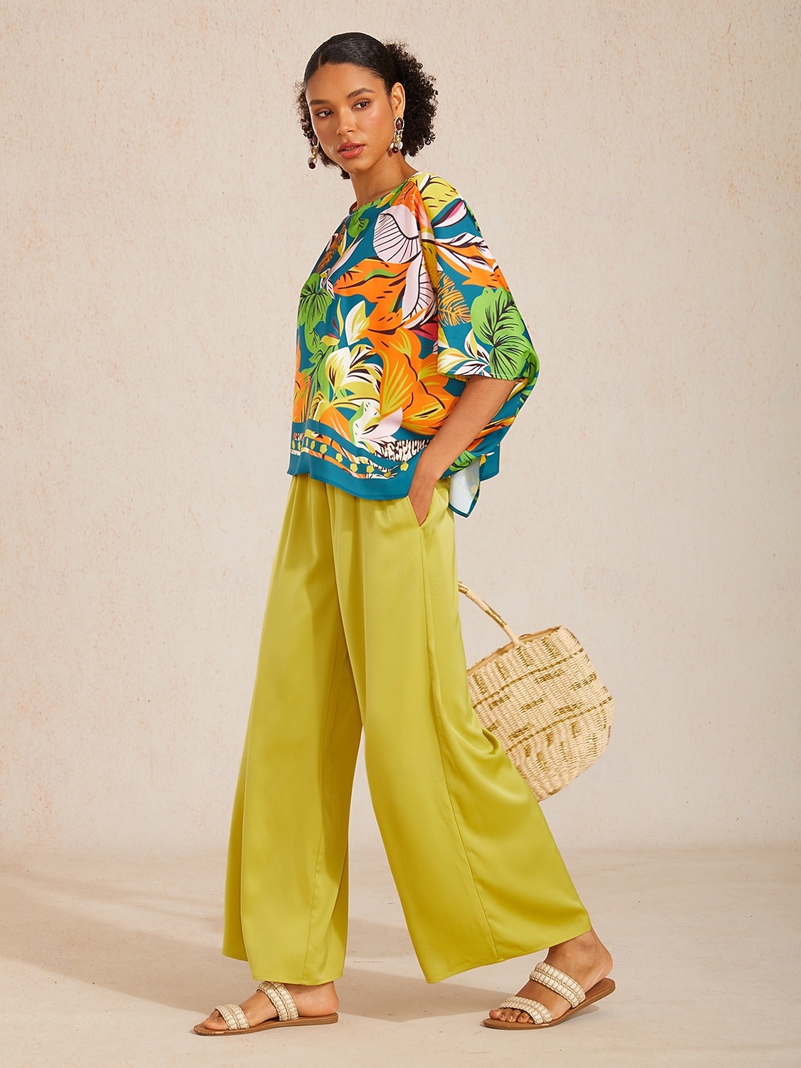 pantalon large jaune en satin soyeux de 2026 ? $69.99 –P5