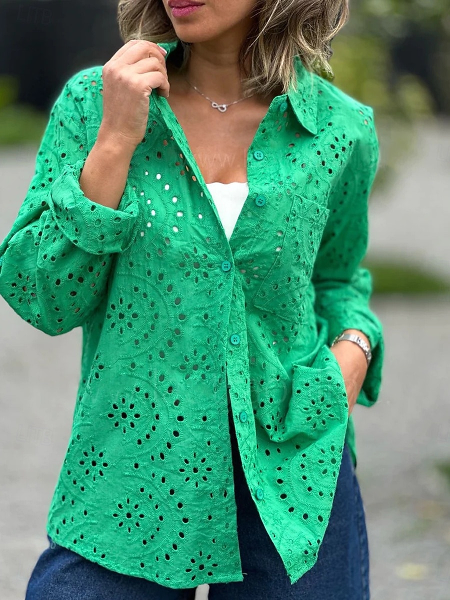 Women's Blouse Embroidered Buttons Solid Color Elegant Casual Long Sleeve Turndown Regular Tops Casual Daily Holiday White Red Purple Green Summer Spring 2026 - $41.99 –P5