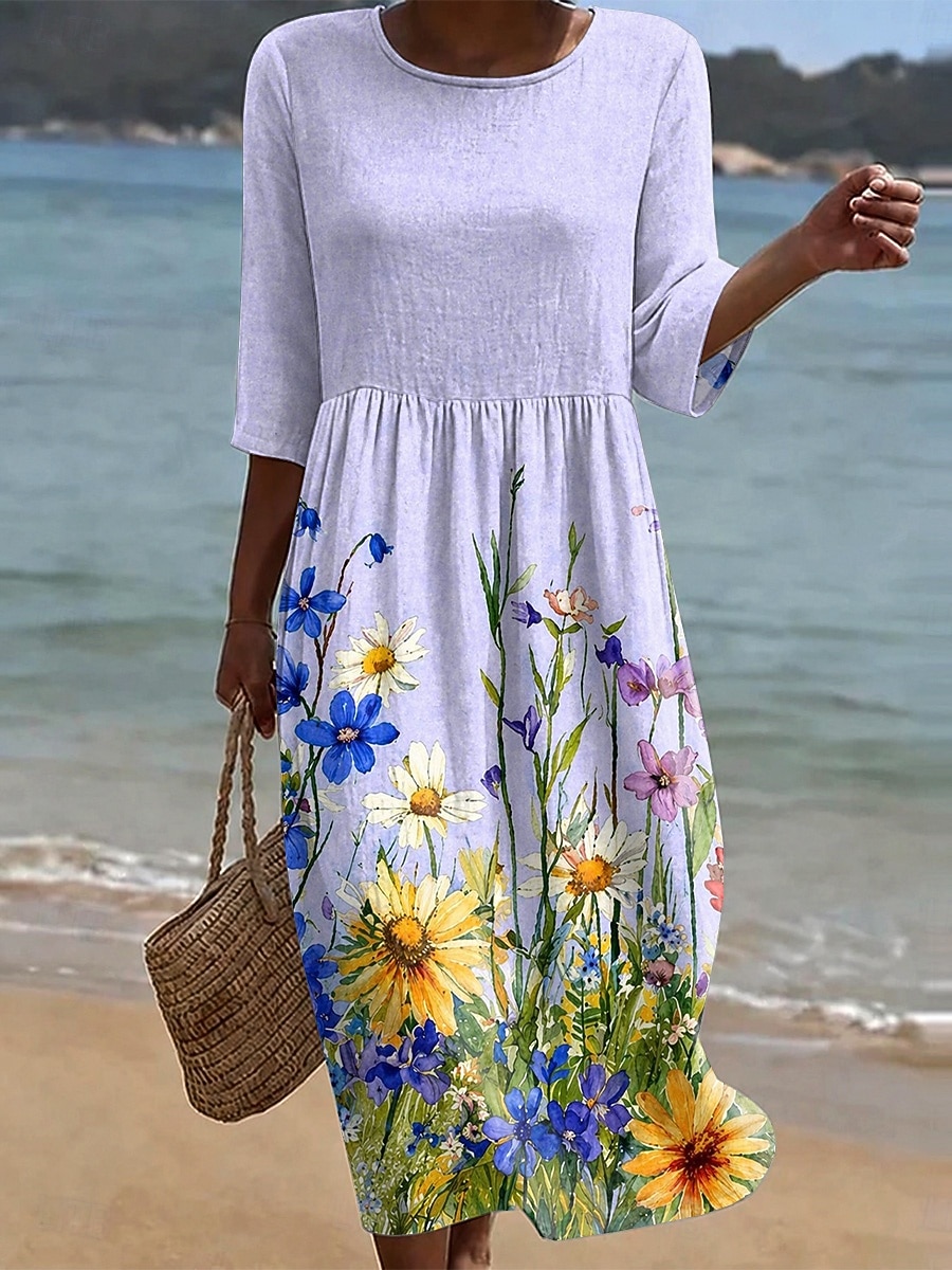 Ostern Damen Midikleid Sommerkleid Urlaub Lässig Boho Ferien Lässiger Schnitt Blumen Grafik Halbarm Rundhalsausschnitt Blau Gelb Rosa Violett Sommer Frühling 2026 - $36.99 –P7