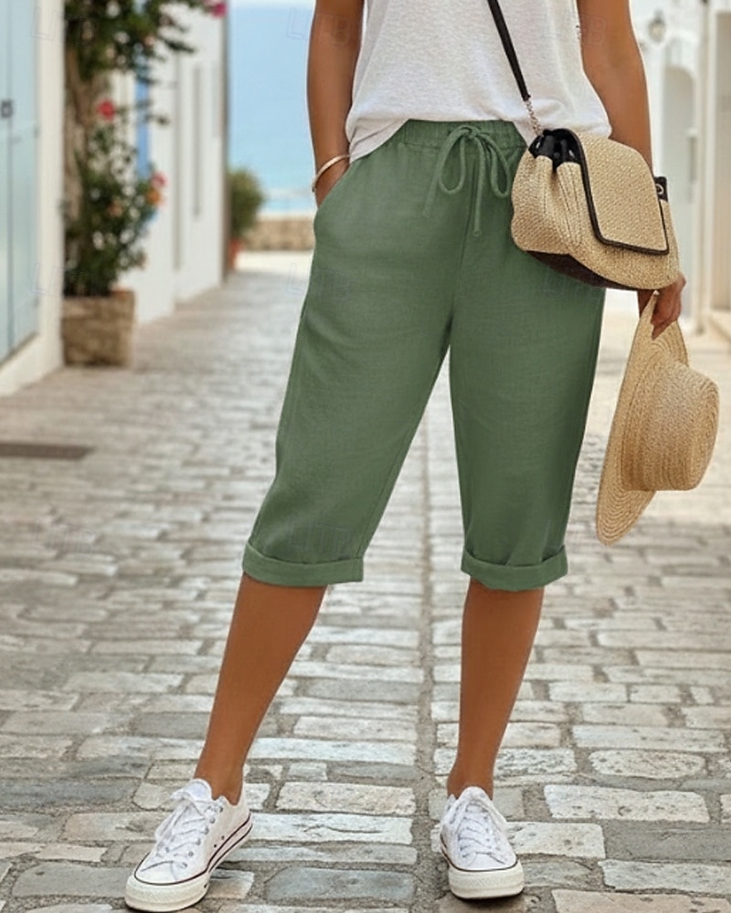 Women's Cotton Linen Shorts Capri Pants Chinos Summer Shorts Vacation Streetwear Casual Knee Length Medium Waist Plain Drawstring Pocket Comfortable Breathable Inelastic Daily Outdoor Street 2026 - $19.99 –P3