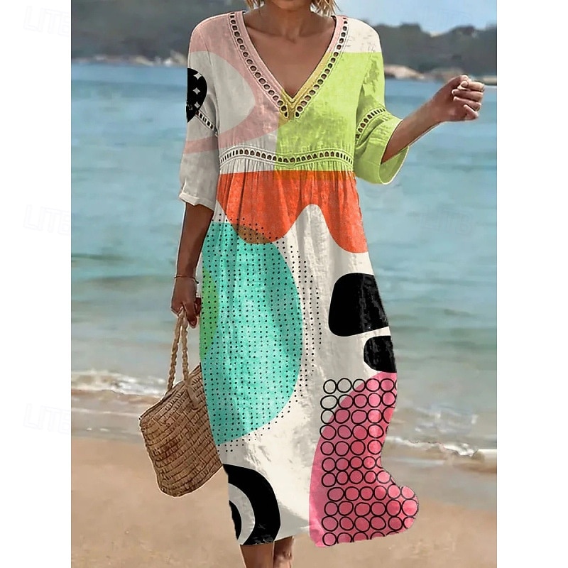 Women's Maxi Dress Shift Dress Sundress Summer Dress Vacation Party Casual  Daily Beach Party Loose Fit Floral Graphic Geometric 3/4 Length Sleeve V  Neck Blue Leopard Yellow Rainbow Summer Spring 2026 - $37.99
