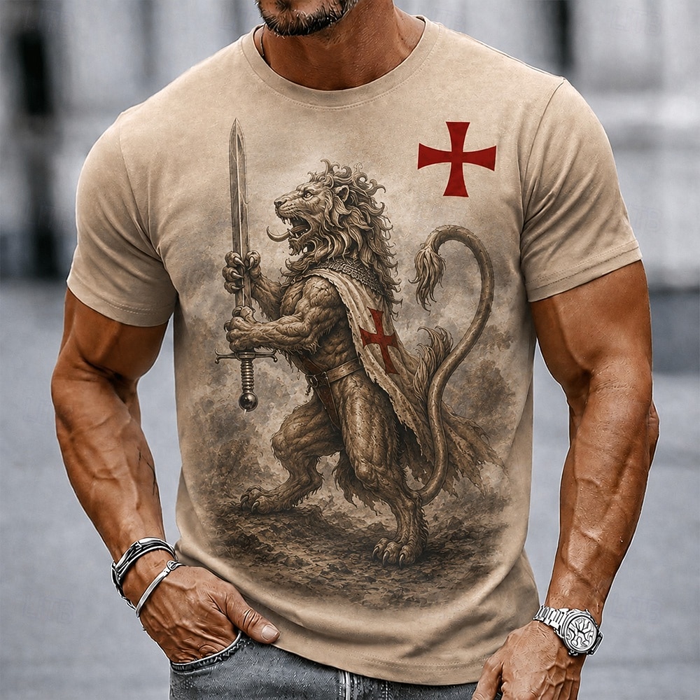 Herren Löwe Tempelritter Kreuz T Shirt Kurzarm T-Shirt 3D-Druck Rundhalsausschnitt Hemd Religiös Straße Dunkle Party Schwarz Burgunderrot Khaki Ganzjahres Bekleidung S M L XL XXL XXXL 2026 - $18.99 –P4