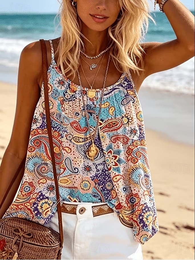 Damen Hemd Bluse Druck Grafik Geometrisch Paisley-Muster Bohemien Vintage Tropisch Ärmellos Träger Normale Oberteile Lässig Täglich Khaki Rote Dunkelgrün Purpur Braun Sommer Frühling 2026 - $21.99 –P8