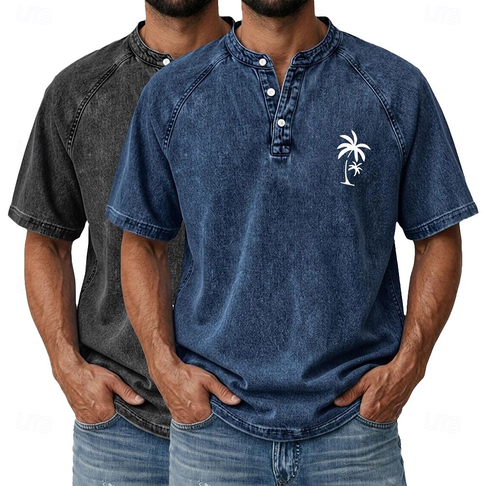 SoftFade™ Men's 2-PCS Coconut Tree T Shirt Demin Shirt 100% Cotton Acid Wash Shirt Short Sleeve Vintage Streetwear Casual Home Street Summer Spring Black Light Green Light Blue Stand 2026 - $62.99 –P6