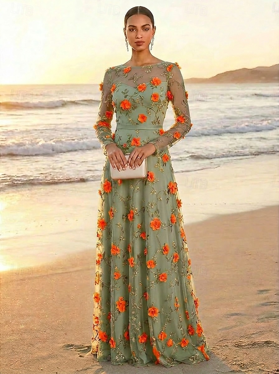 Linia -A Rochii Lungime Podea Rochie de petrecere Rochie Mama Miresei Manșon Lung Stil Nautic Iluzii Elegant Epocă Luxos Oficial Invitat la nunta Kentucky Derby Dantelă Tulle cu Flori 3D Broderie 2026 - $171.99 –P6