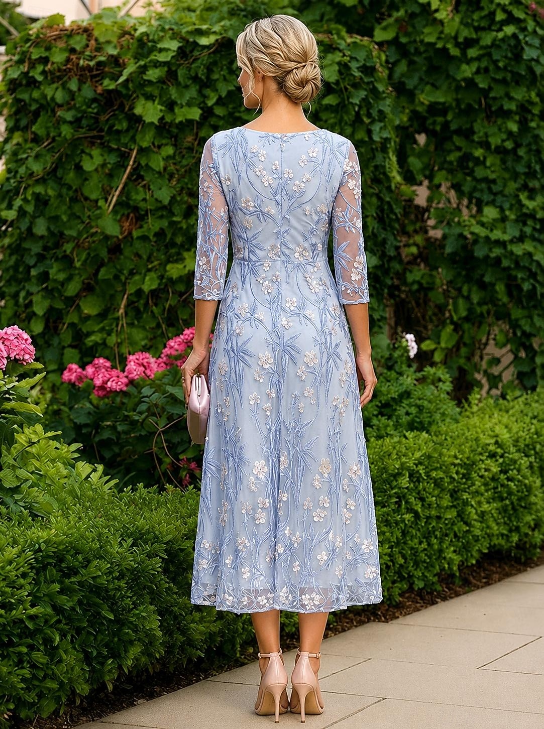 Corte A Vestidos Hasta el Suelo Vestido Midi Vestido de encaje Vestido Cóctel Vestido de Madrina Manga 3/4 Cuello Barco Escote en Pico Elegante Sencillo Casual Formal Invitado a la boda Semi-formal 2026 - $82.99 –P3