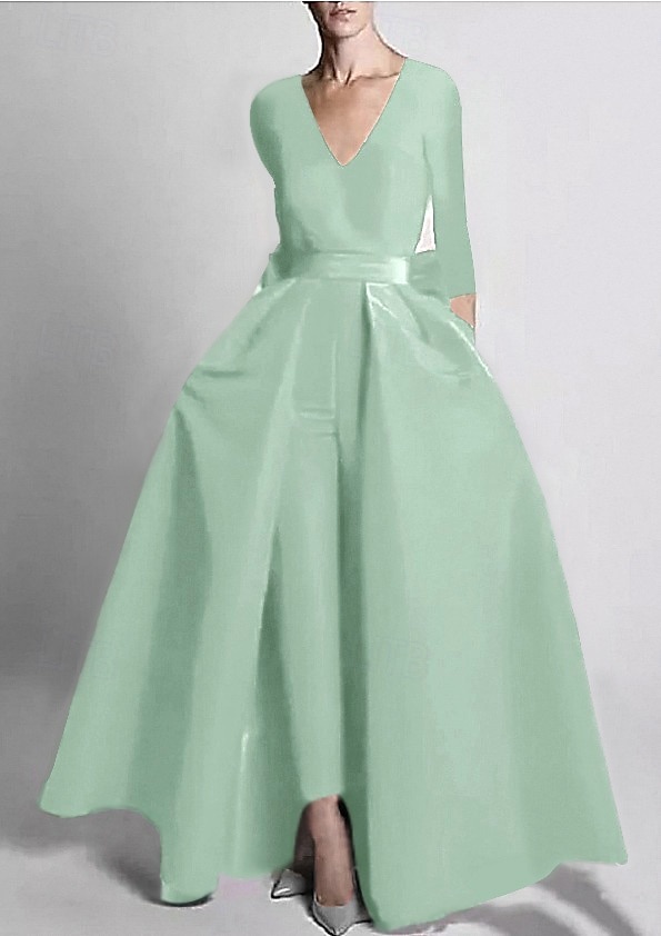 Dos Piezas Mono Hasta el Suelo Desmontable Vestidos de noche Elegante Manga Larga Escote en Pico Boda Invitado a la boda Bolsillo Tejido elástico con Mariposa 2026 - $160.99 –P12