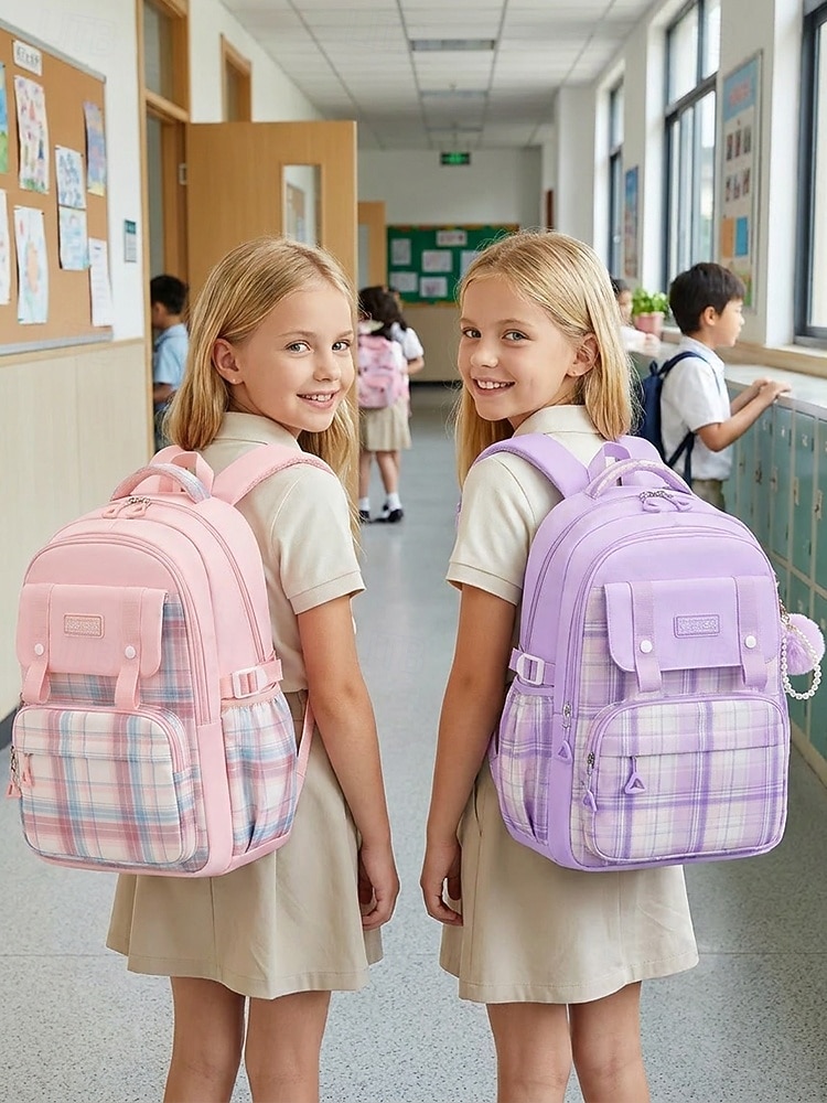 Girls Plaid Backpack for School, Large Capacity Multi Pocket Polyester Bookbag, Cute Pink Travel School Backpack with Laptop Compartment, Water Resistant for Elementary & Middle School 2026 - €36.99 –P1