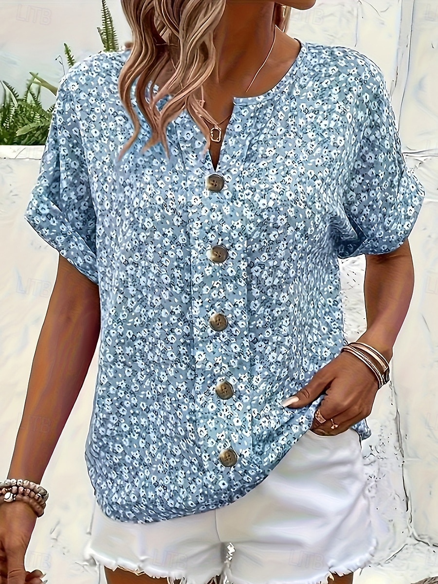 Per donna Blusa Bottoni Stampato Floreale Grafico Vintage Elegante Moderno Manica Corta Colletto a Camicia Top Regolari Casuale Quotidiano Blu Rosa Viola Verde Estate Primavera del 2026 a $24.99 –P2