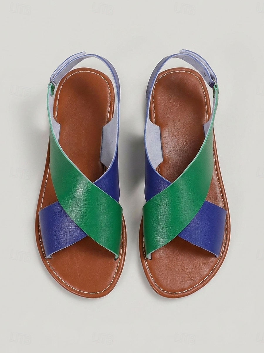 Chaussures plates à bout ouvert, style bohème, color block, en PU, fermeture velcro, noir/blanc, vert/bleu, jaune de 2026 ? $24.99 –P4
