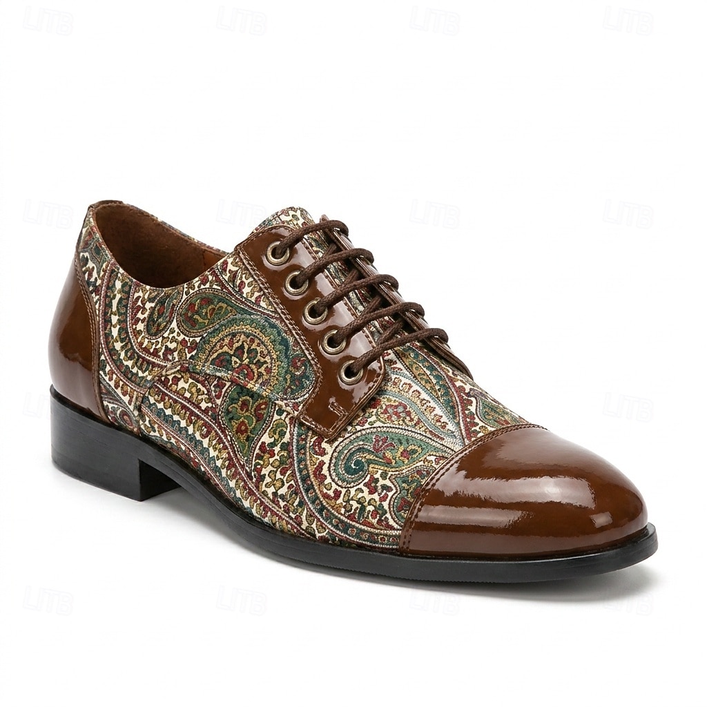 Zapatos Oxford marrones con estampado paisley para hombre, zapatos de vestir con cordones, puntera brillante, calzado elegante para bodas, banquetes, fiestas y ocasiones especiales. 2026 - $46.99 –P8