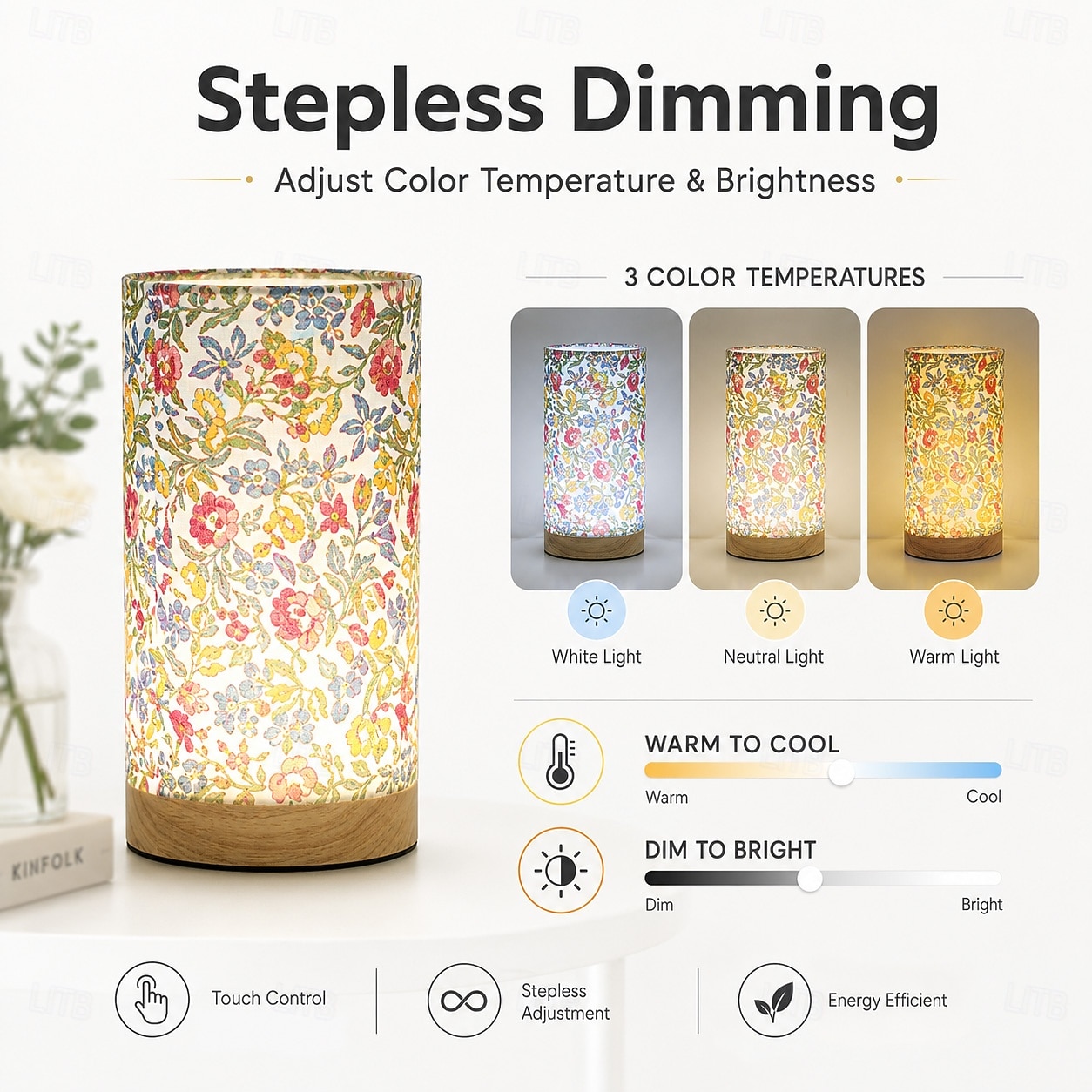 USB-tafellamp met stoffen kap – bloemenprint &Blauw vlinderdesign, dimbaar nachtlampje met 3 kleuren, geschikt voor slaapkamer, woonkamer, naast het bed of de eetkamer. Sfeervolle decoratieve lamp. 2026 - $17.49 –P4