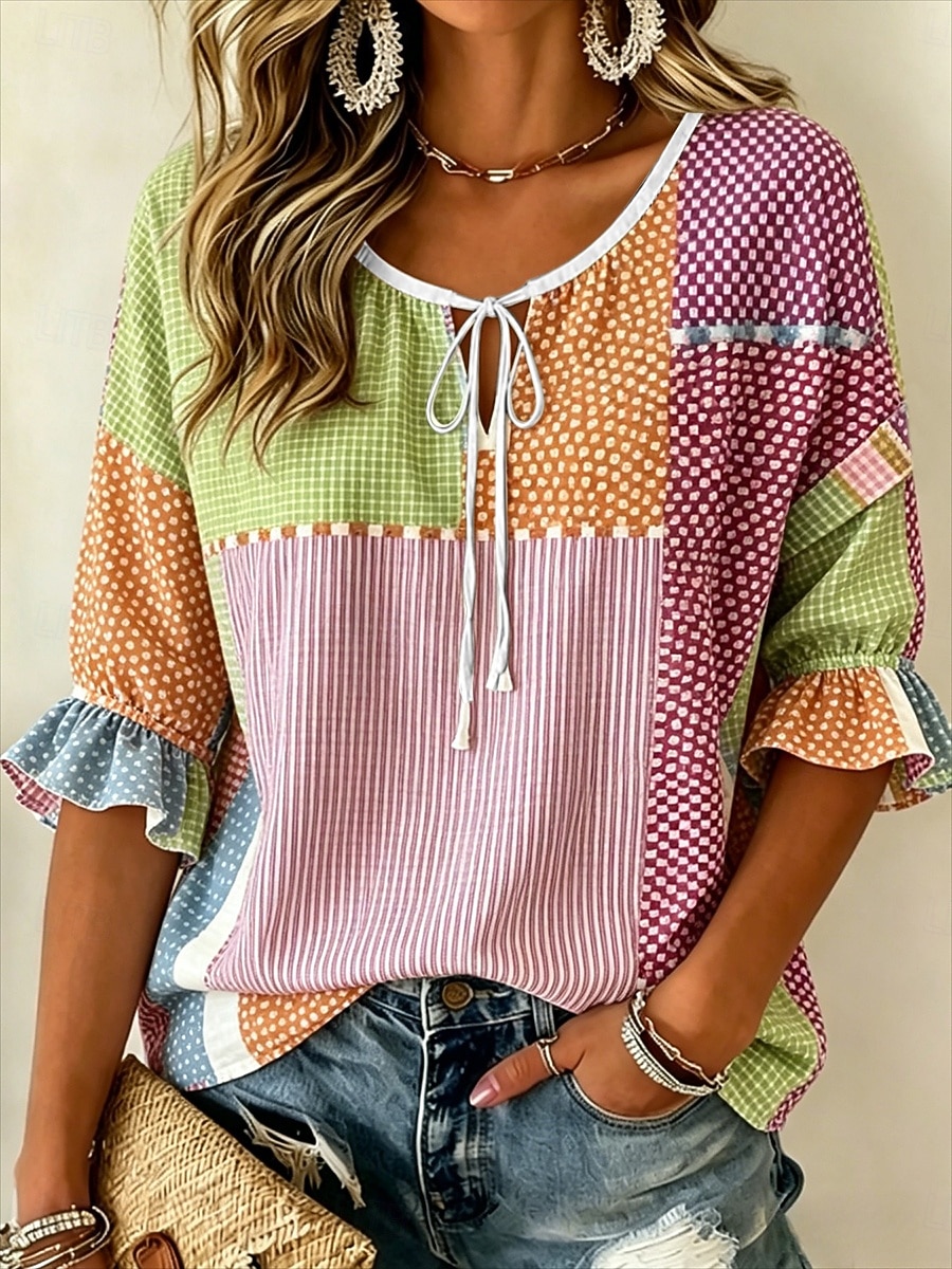Femmes Chemisier Boutons Imprimé Graphique Géométrique ancien Quotidien Élégant Demi Manches Col ras du cou Hauts Réguliers Occasionnel Quotidien Rose Claire Rouge Été Printemps de 2026 ? $27.99 –P2