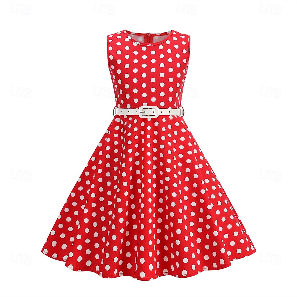 1950s Retro Vintage Rockabilly Tea Length Dress Swing Dress Flare Dress Sleeveless Polka dots Fit & Flare Fancy Dress Girls' Masquerade Tea Party Casual Daily Kid's Dress Belt Spring & Summer 2026 - $35.99 –P13