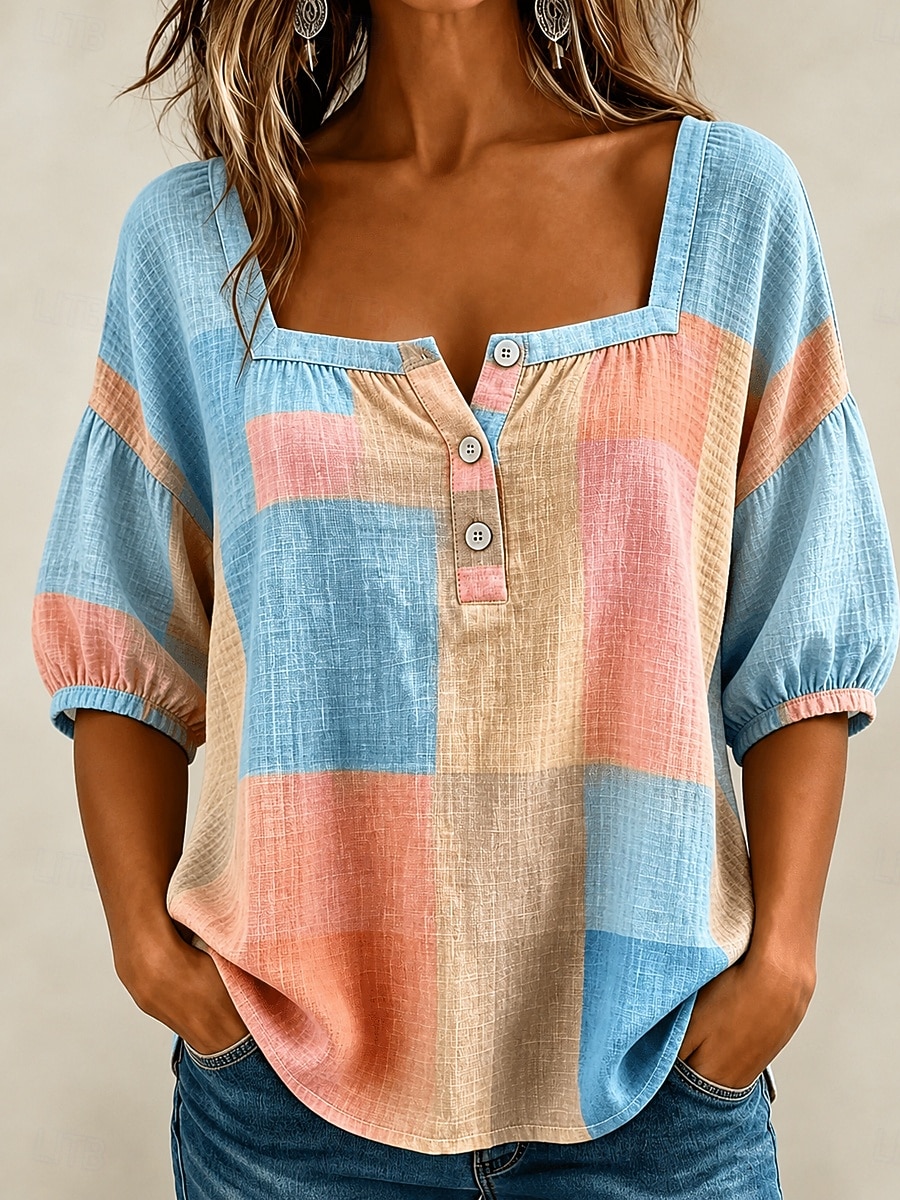 Mujer Blusa Estampado Graphic Geométrico Diario Elegante Casual Media Manga Escote Cuadrado Tops regulares Casual Diario Rosa Morado Naranja Verano Primavera 2026 - $33.99 –P3