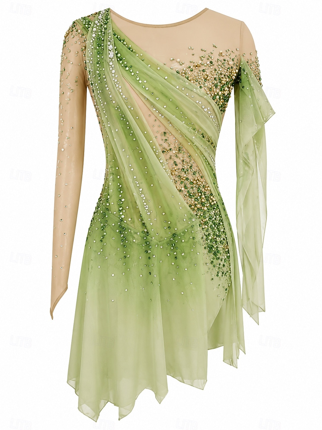 Figure Skating Dress Women's Ice Skating Skirt Dress Green+Yellow Thumbhole Open Back Spandex High Elasticity Professional Competition Skating Wear Thermal Warm Classic Crystal / Rhinestone Long 2026 - $308.59 –P1