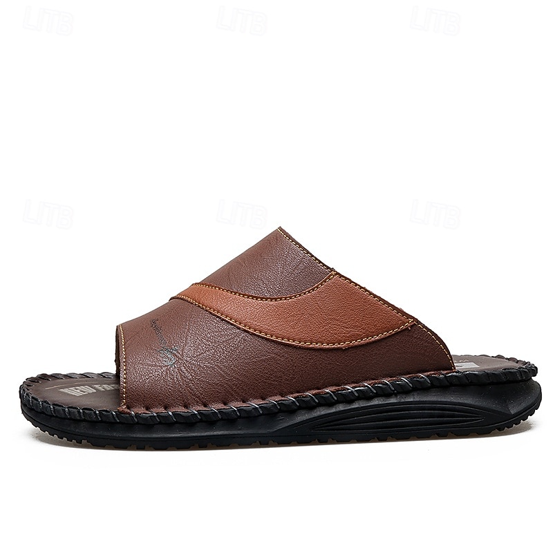 Sandálias masculinas bicolor pretas e brancas, modelo slide, com bico aberto, costuradas à mão, confortáveis e casuais para o verão, ideais para uso diário, férias, em casa e momentos de lazer ao ar livre. de 2026 por $34.99 –P10