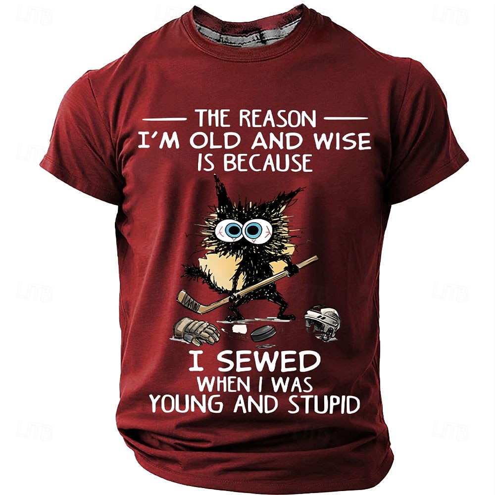 Men's Crazy Messy Cat Hockey Player The Reason I'm Old and Wise Funny Quote Graphic T-Shirt Short Sleeve Casual Sports Top Designer Clothing Apparel S M L XL XXL XXXL 2026 - $18.99 –P5