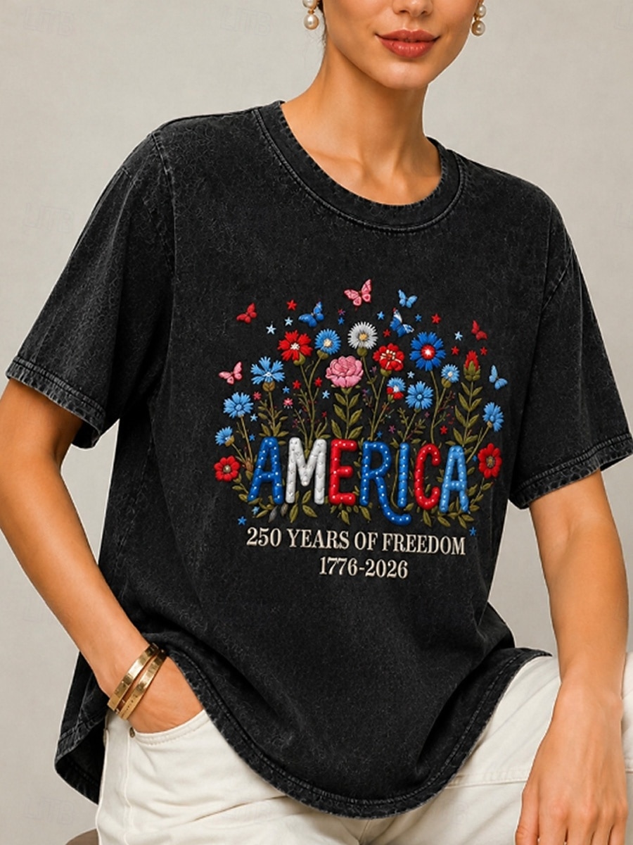 Día de la Independencia de Estados Unidos, mujer, 100% algodón, bordado, estilo vintage, elegante, manga corta, cuello redondo, tops regulares, casual, negro, verano, primavera 2026 - $33.99 –P4
