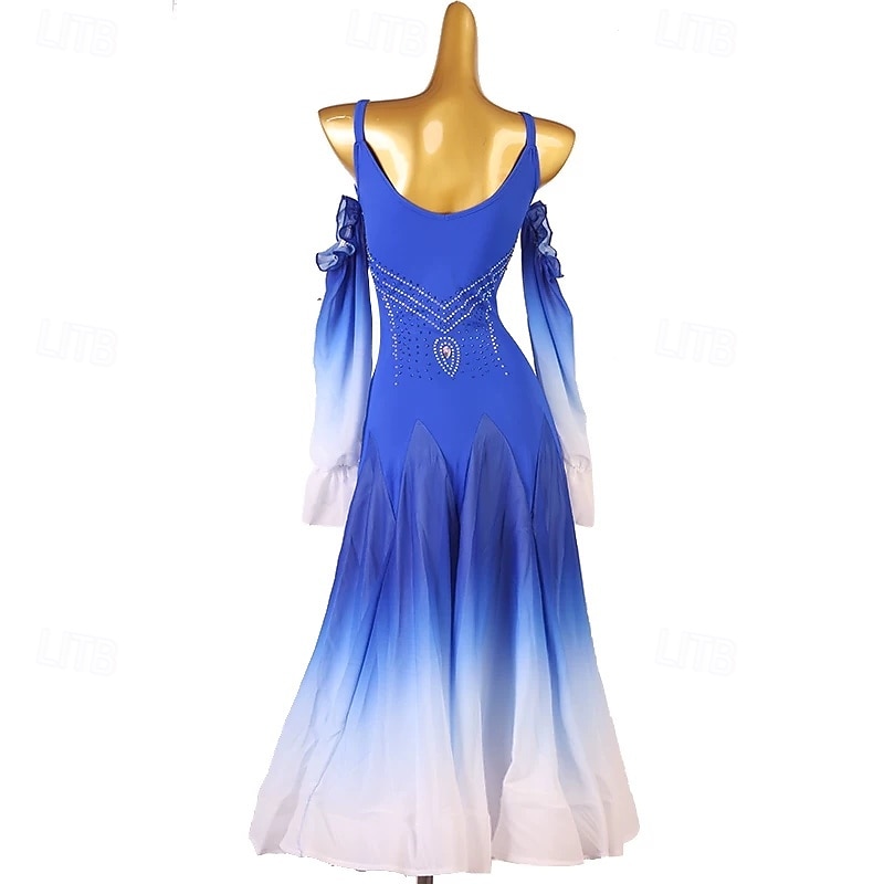 Royal Blue Ombré Ballroom Dance Competition Dress - Rhinestone Cold Shoulder Waltz Standard Dance Gown 2026 - $226.89 –P2