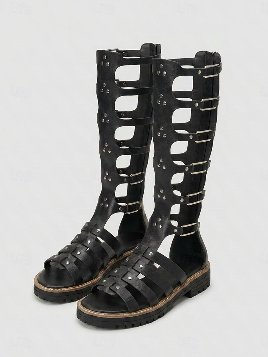 Women's Tall Gladiators Sandals - Edgy Black Knee-High Summer Boots with Multiple Buckles, Studs & Lug Sole for Music Festivals, Tropical Vacations & Outdoor Adventures 2026 - $46.99 –P1