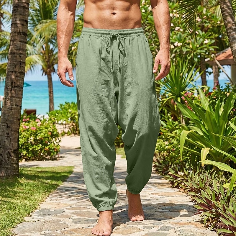 Herren Leinenhosen Hose Sommerhose Baggy-Hosen Kordelzug Elastischer Bund Einfarbig Einfach Komfort Atmungsaktiv Volle Länge Täglich Outdoor Ferien Urlaub Mode Khaki Cachi scuro Unelastisch 2026 - $26.99 –P4