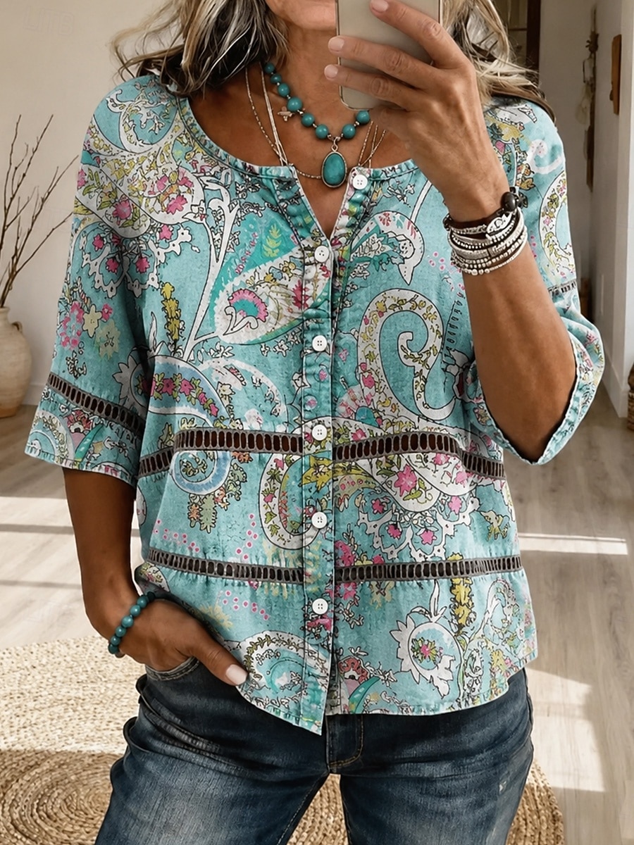 Carnevale Per donna Camicia Top traforato Camicia Boho Camicia di Pizzo Elegante Bohemien Attivo Manica 3/4 Girocollo Top lunghi Casuale Blu Rosso Marrone Verde Estate Primavera del 2026 a $26.99 –P2