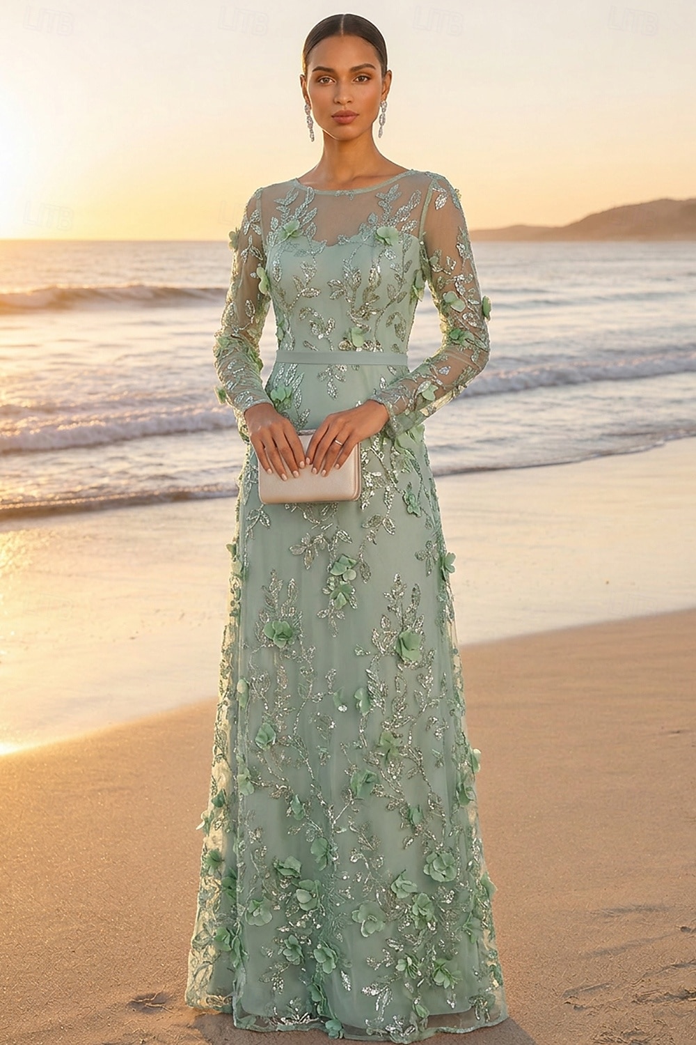 A-Line Floor Length Mother of the Bride Dress Long Sleeve Boat Neck Elegant Vintage Luxurious Formal Wedding Guest Wedding Party Lace Tulle with 3D Flowers Embroidery Appliques 2026 - $182.99 –P2