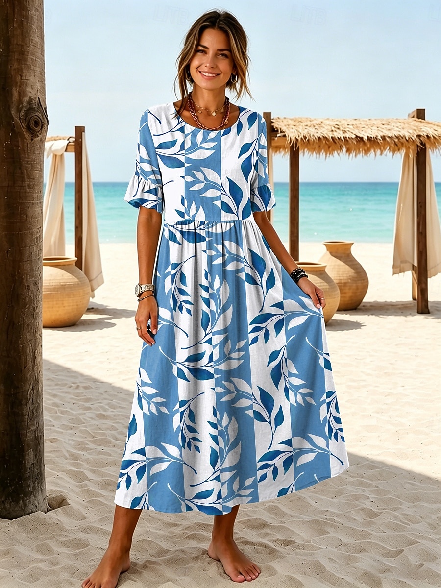 Women's Midi Dress Sundress Casual Dress A Line Dress Elegant Vacation Stylish Beach Holiday Regular Fit Floral Graphic Half Sleeve V Neck Blue Purple Green Khaki Summer Spring 2026 - $47.99 –P1