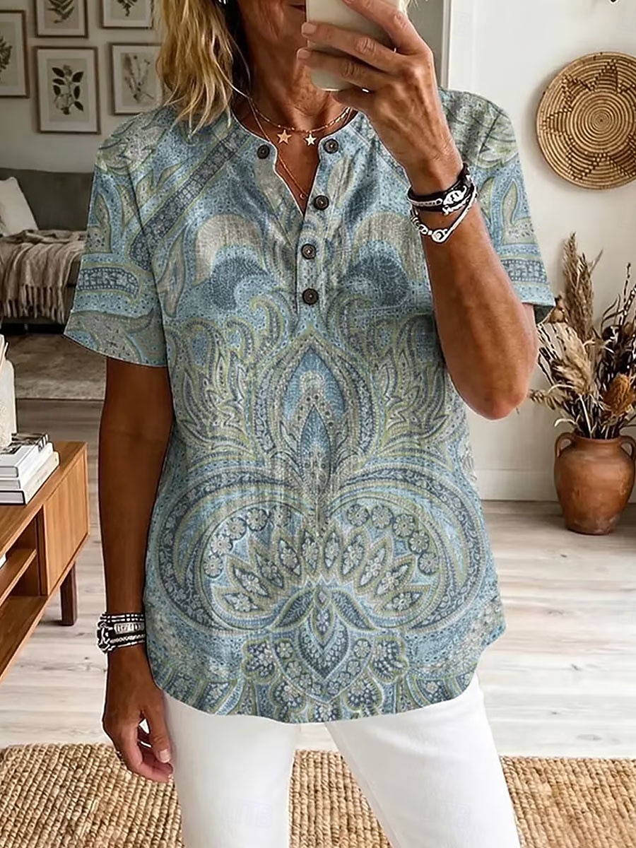 Pentru femei Cămașă Tunică Grafic Imprimeu Paisley Elegant Modă Zilnic Manșon scurt În V Topuri obișnuite Casual Zilnic Albastru piscină Roz Îmbujorat Portocaliu Vară Primăvară 2026 - $27.99 –P2