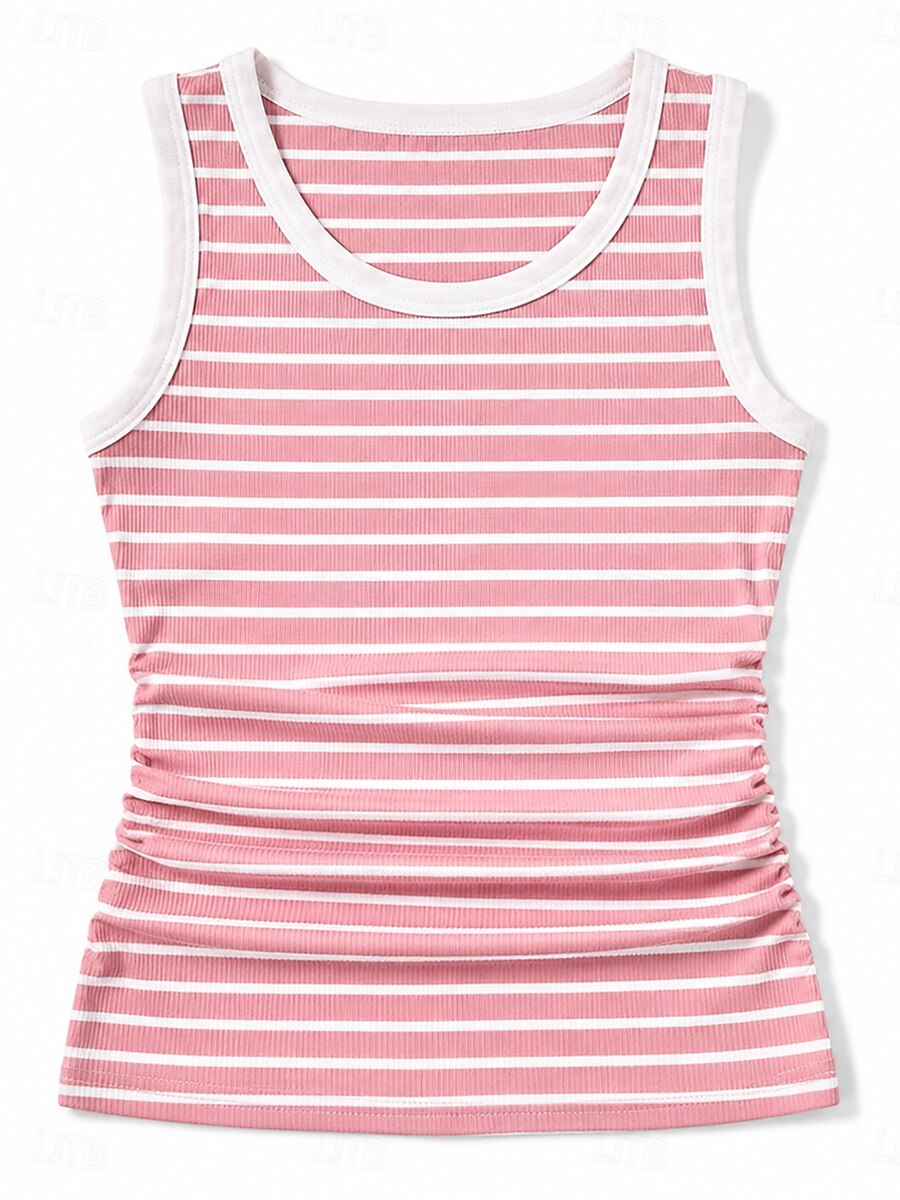 Women's Vintage Striped Rib-knit Round Neck Ruched Sleeveless Tank Top Black Pink Summer Spring 2026 - $24.99 –P4