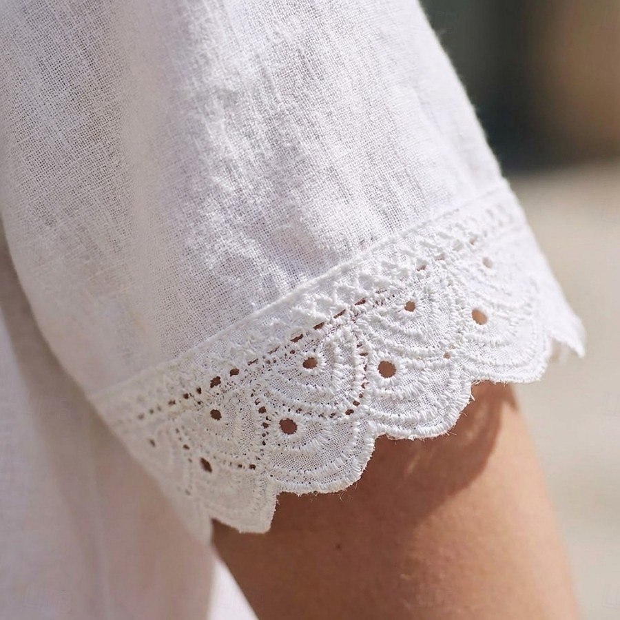 Women's Tee Top Lace Trims Solid Color Elegant Stylish Ethnic Short Sleeve Crew Neck Regular Tops Casual Daily Going out White Summer Spring 2026 - $26.99 –P4